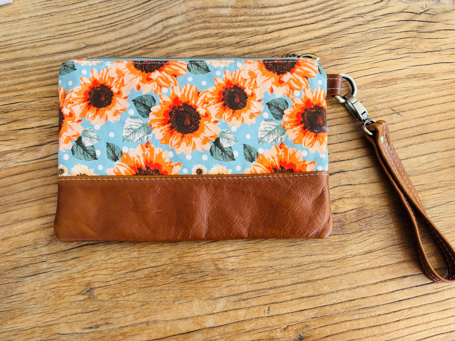 Orange Sunflower Fabric & Leather Wristlet Clutch
