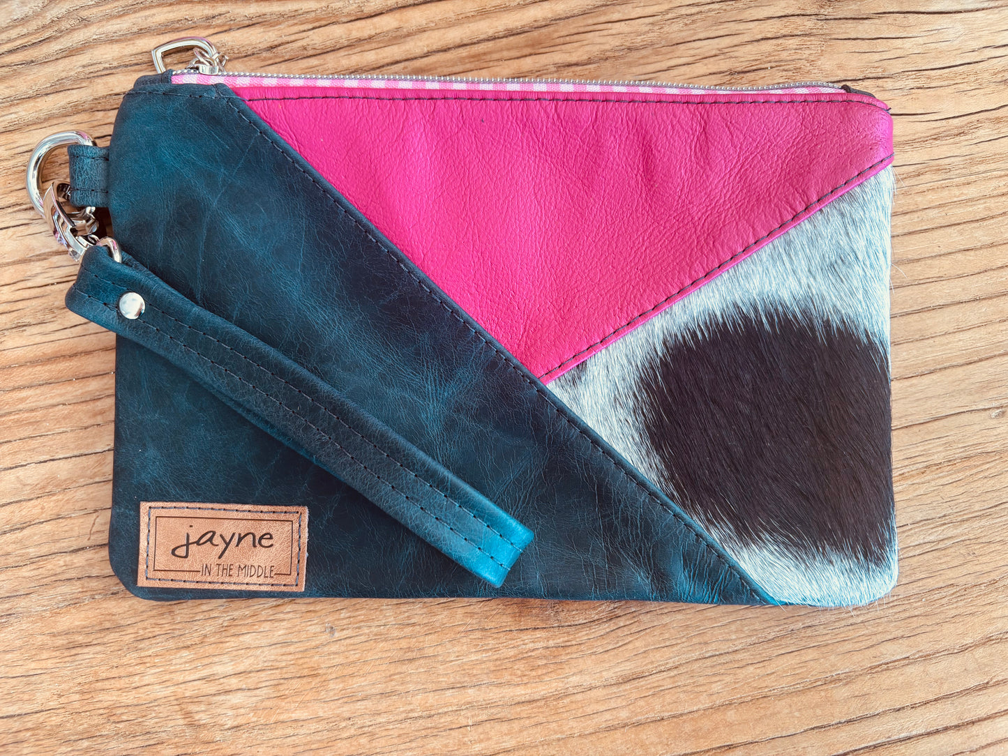 Pink & Navy Cowhide & Tri Tone Leather Wristlet Clutch