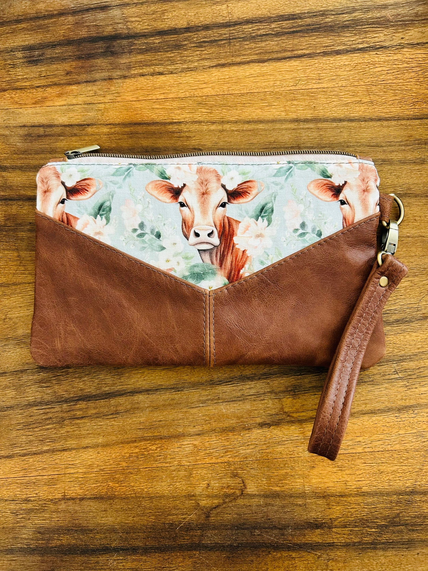 Cow Florals Fabric & Leather Wristlet Clutch