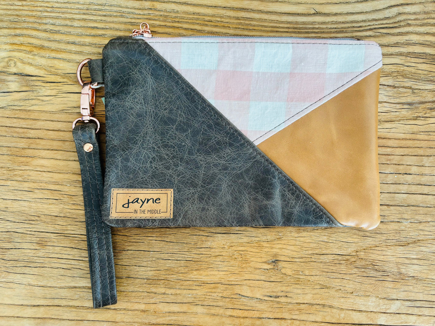 Pink Gingham Fabric & Grey/Tan Two Tone Leather Wristlet Clutch