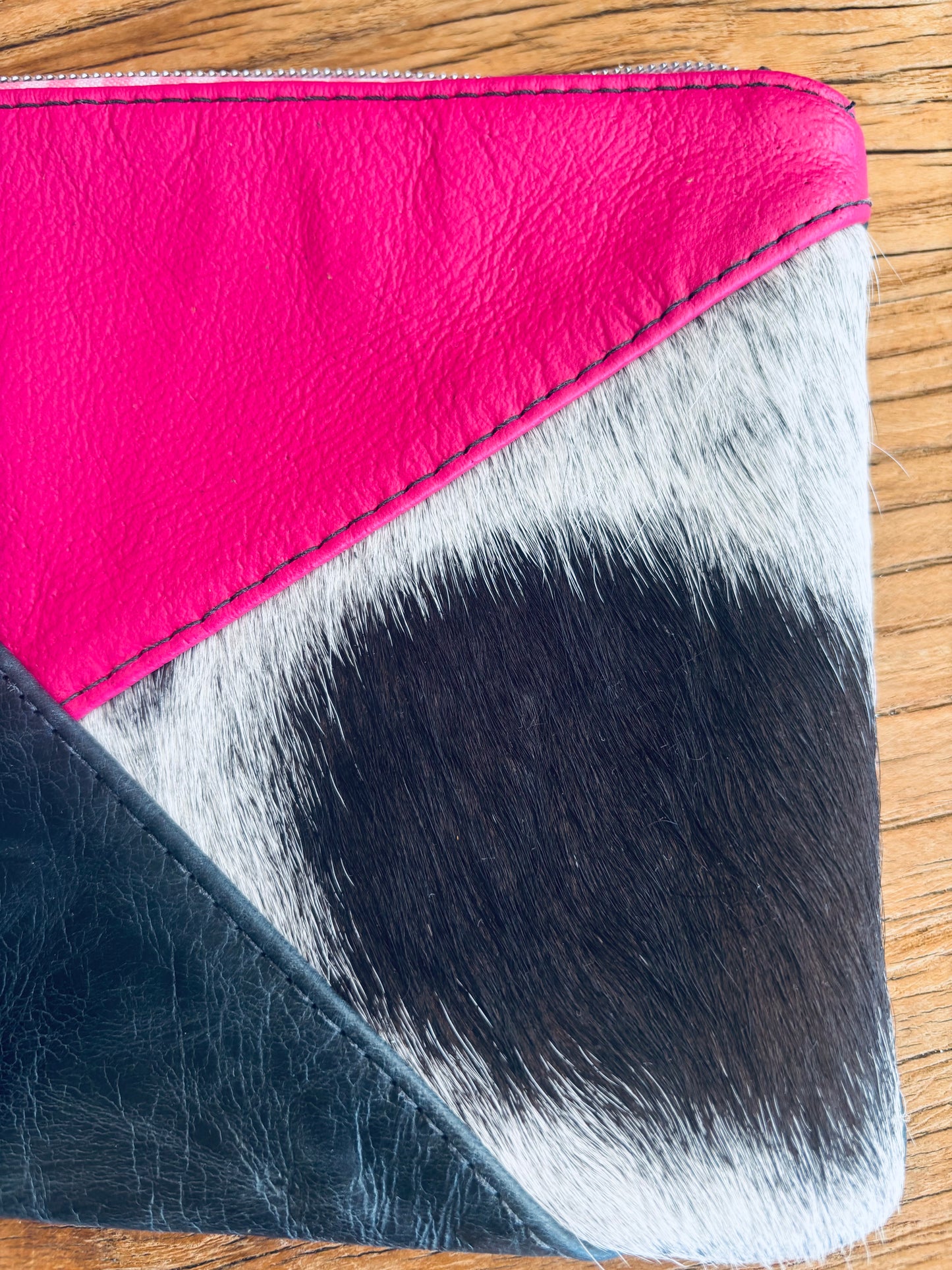 Pink & Navy Cowhide & Tri Tone Leather Wristlet Clutch