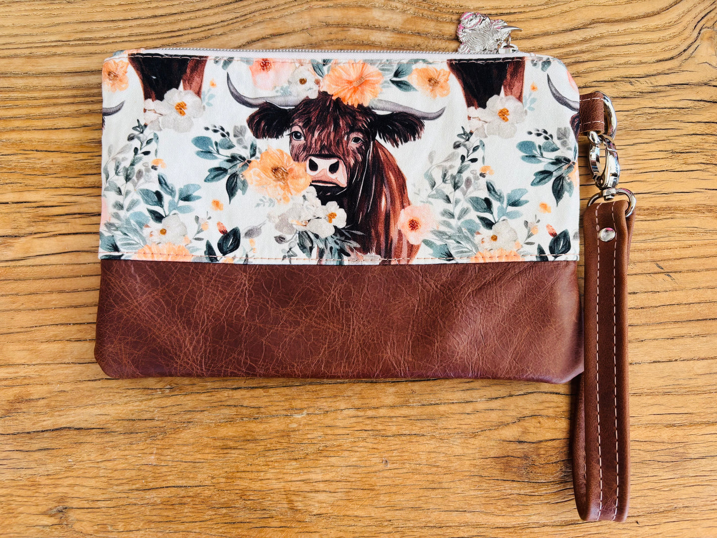 Floral Highland Cows Fabric & Leather Wristlet Clutch