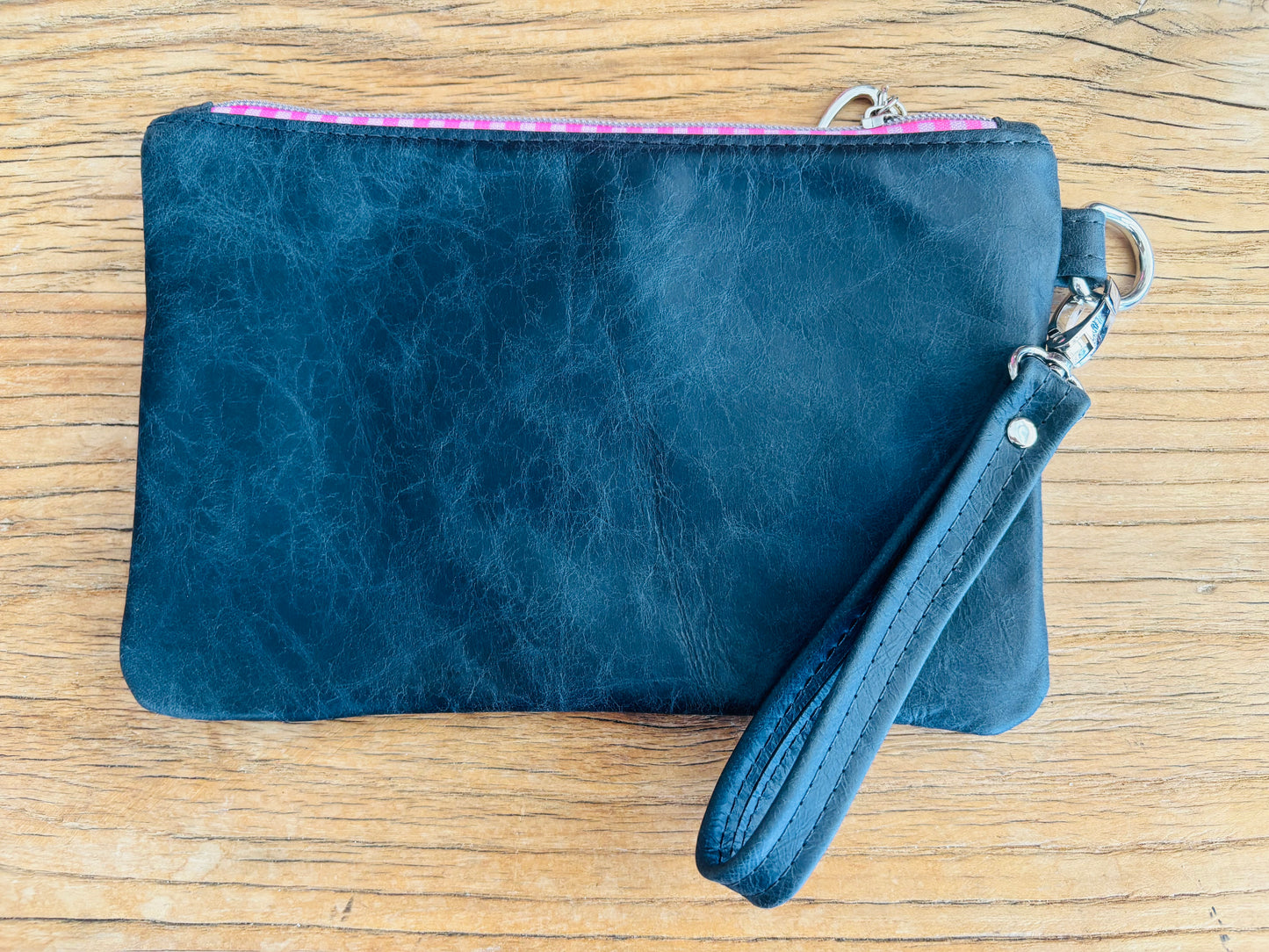 Pink & Navy Cowhide & Tri Tone Leather Wristlet Clutch