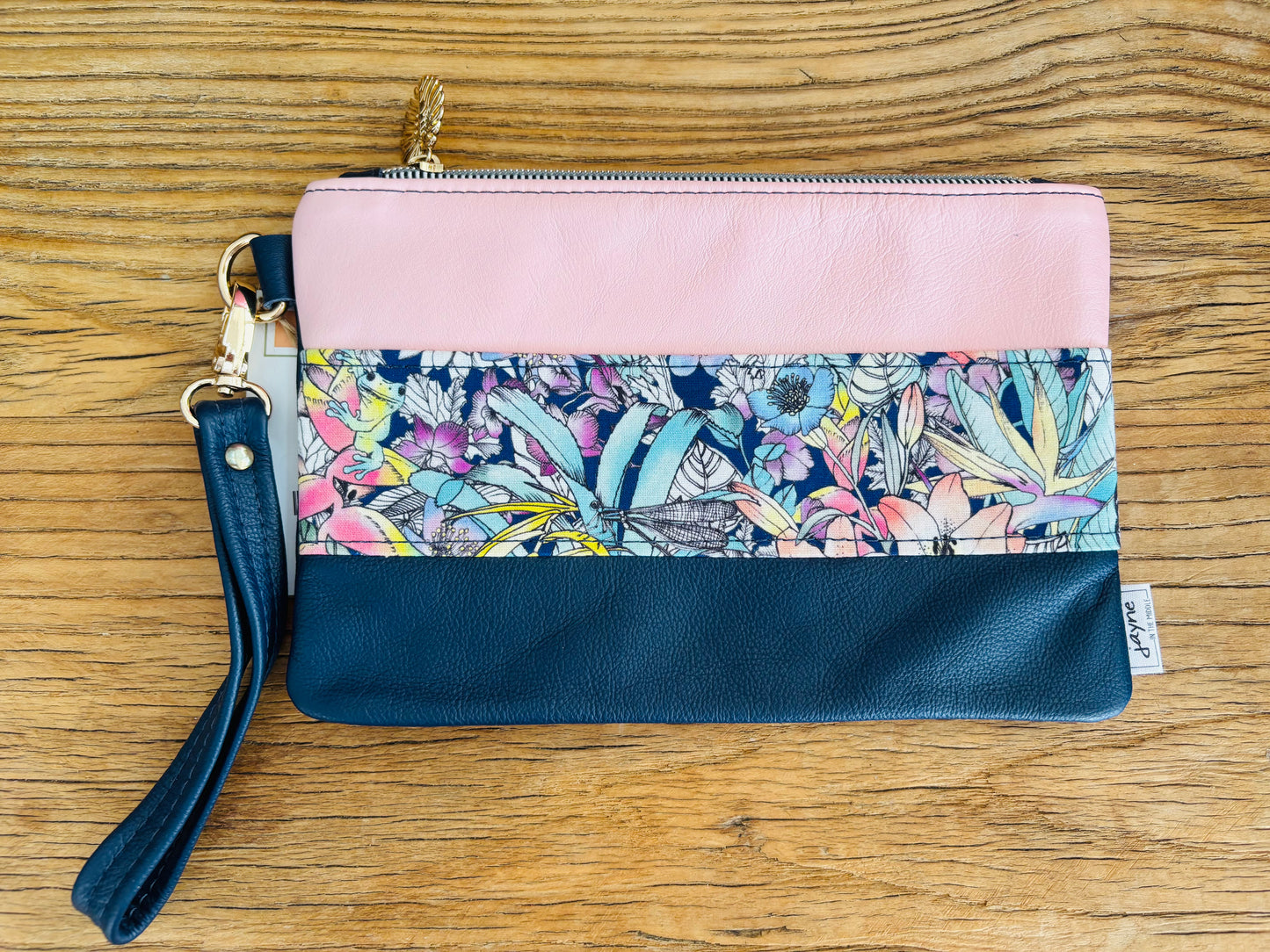 Midnight Floral Fabric & Navy/Pink Two Tone Leather Wristlet Clutch