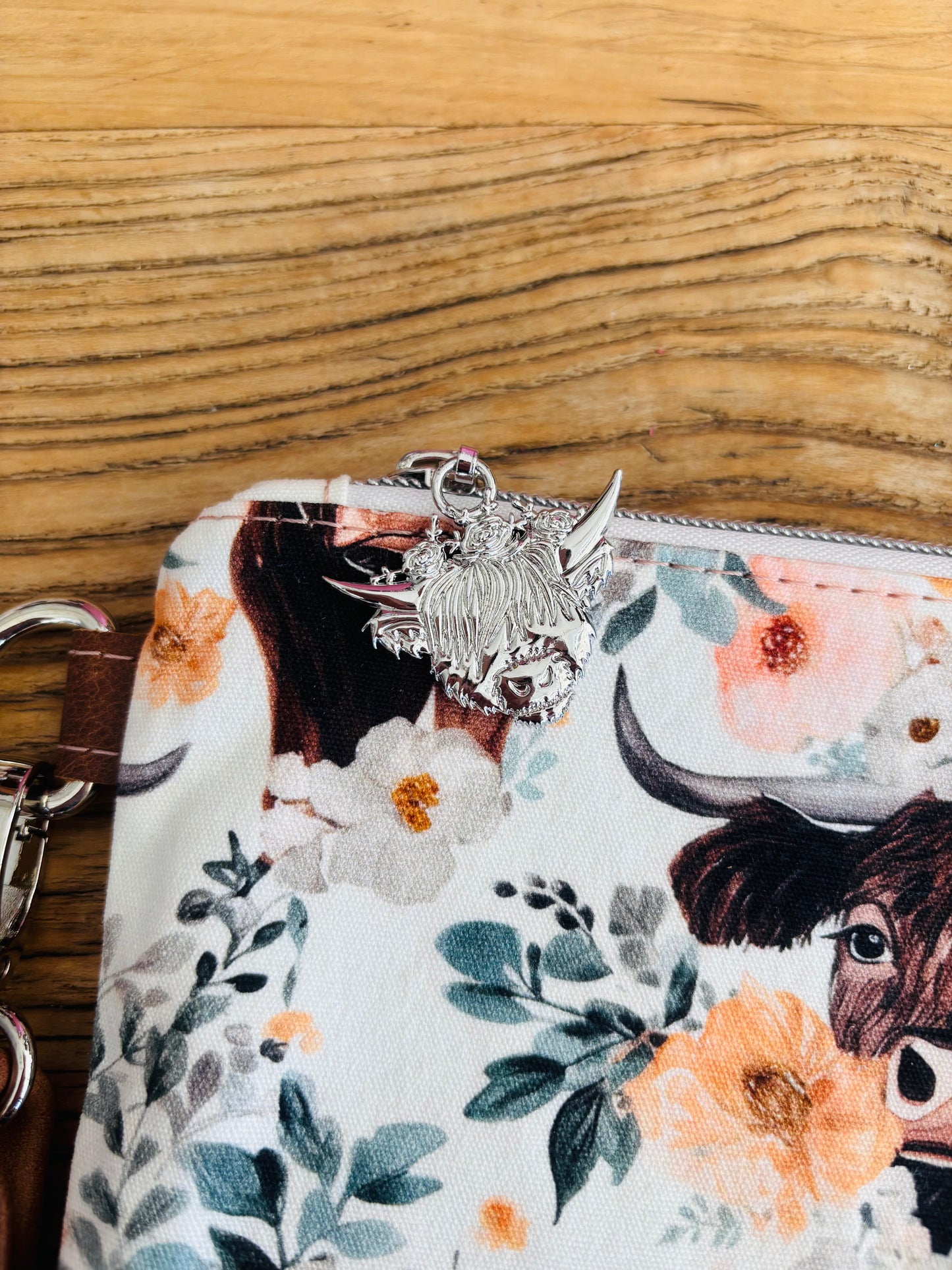 Floral Highland Cows Fabric & Leather Wristlet Clutch