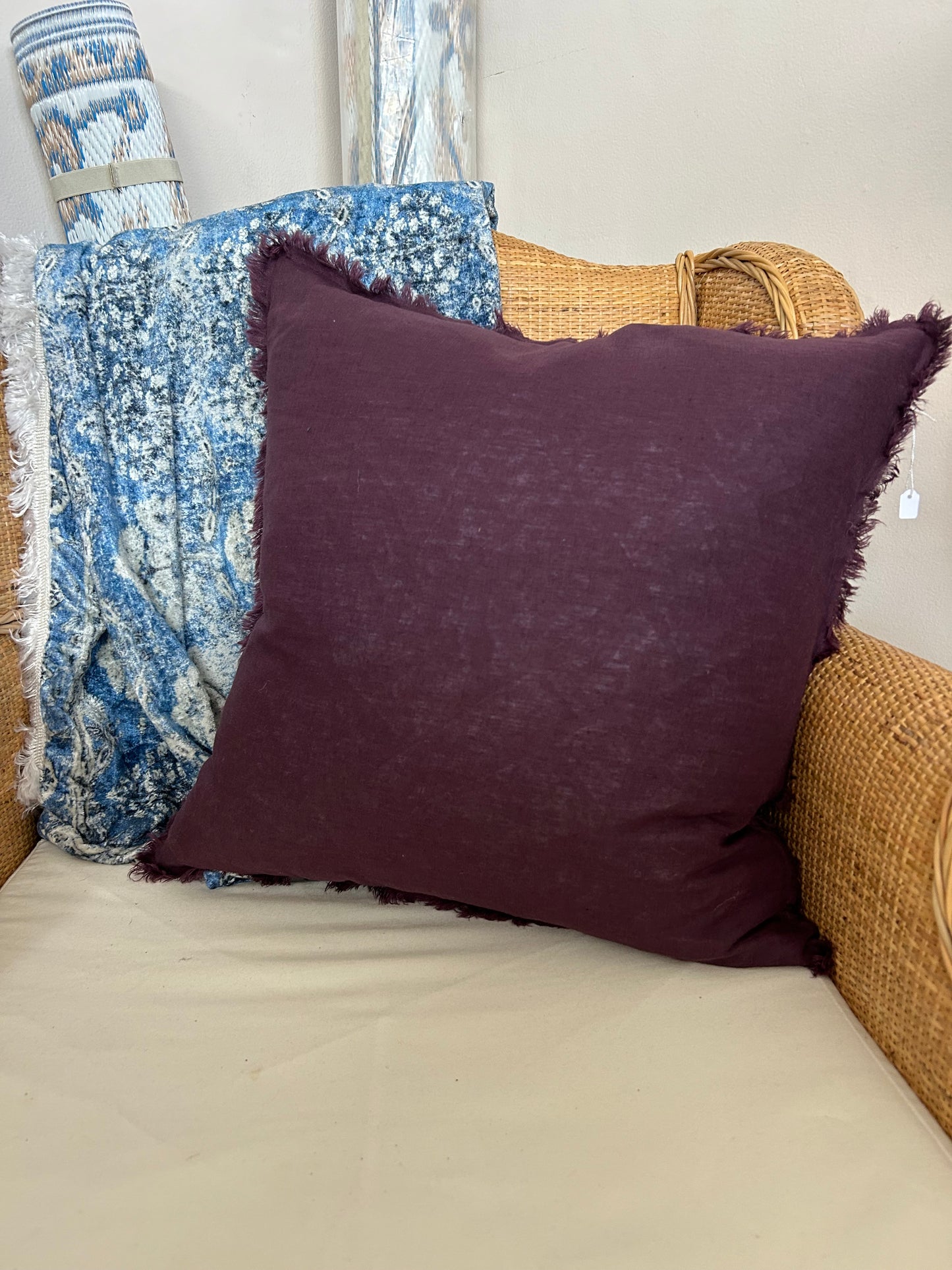 Plum Purple Fringed Linen Cushion