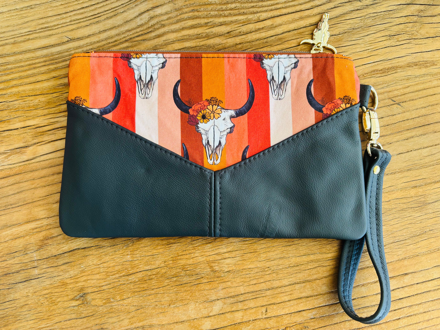 Bull Skull Fabric & Leather Wristlet Clutch