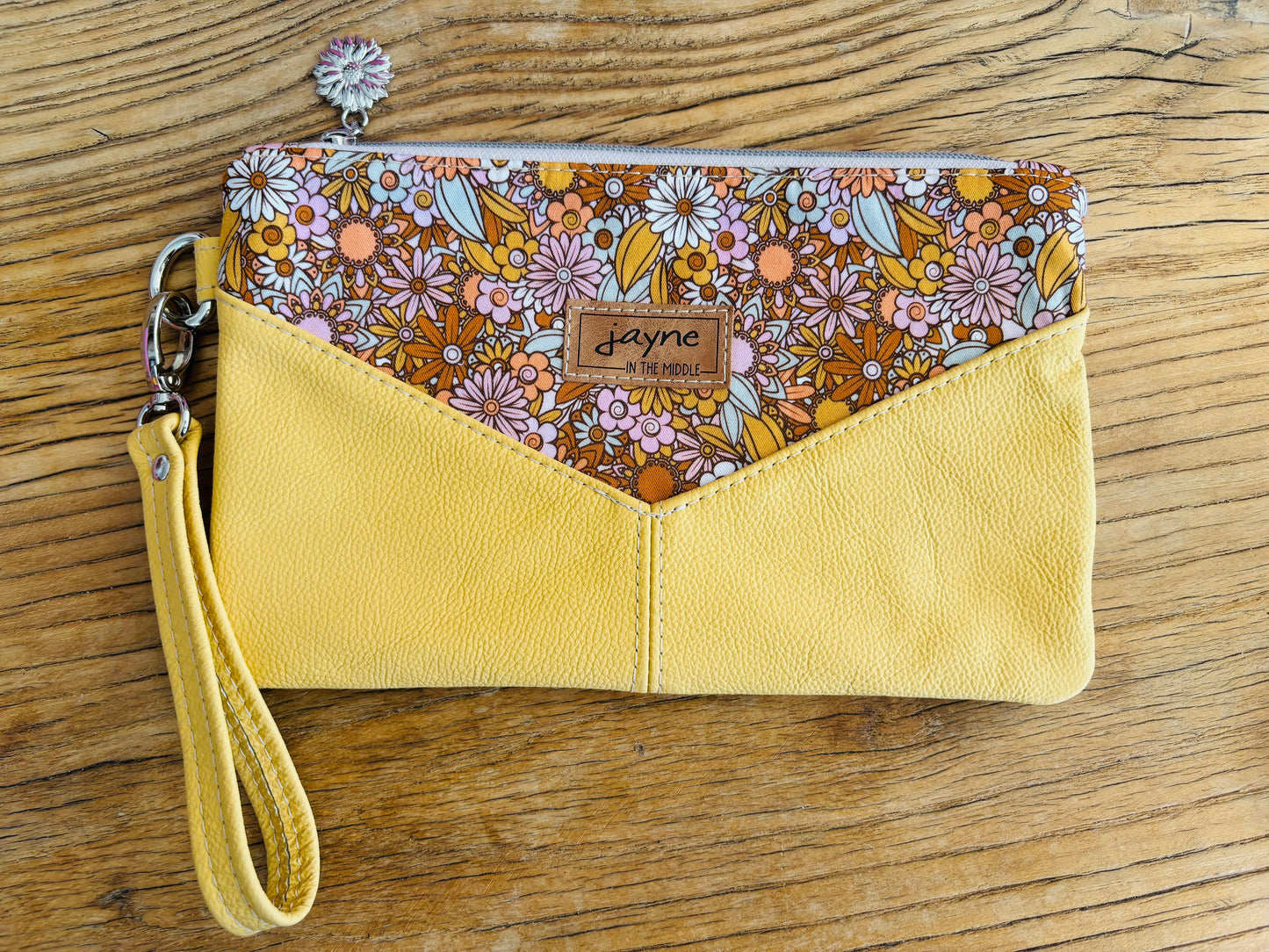 Mustard Flowers Fabric & Leather Wristlet Clutch
