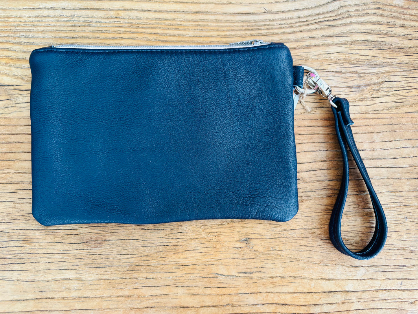 Pink & White Poke-a-dot Fabric & Navy/Tan Two Tone Leather Wristlet Clutch