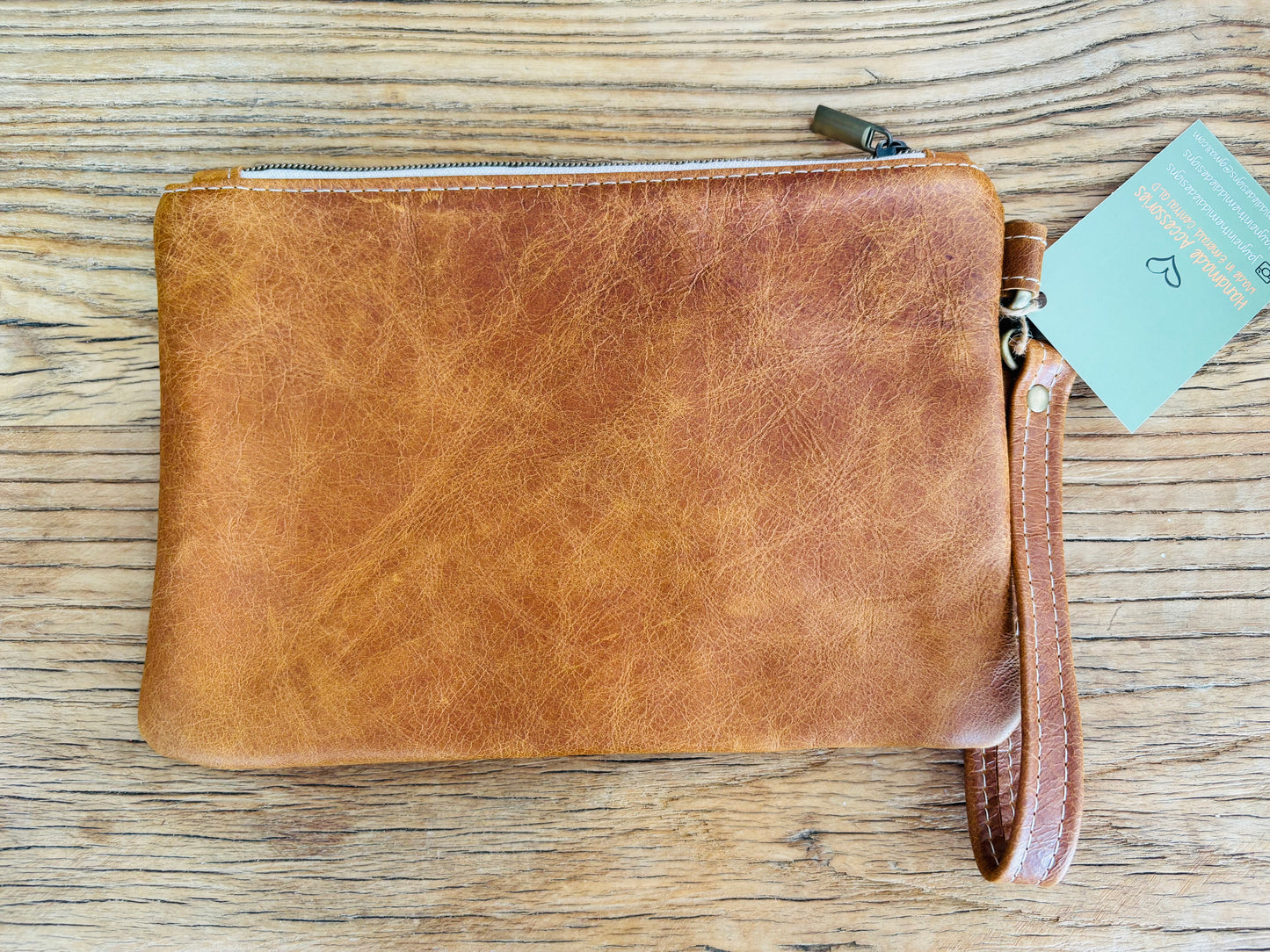 Pink & White Poke-a-dot Fabric & Tan/Beige Two Tone Leather Wristlet Clutch