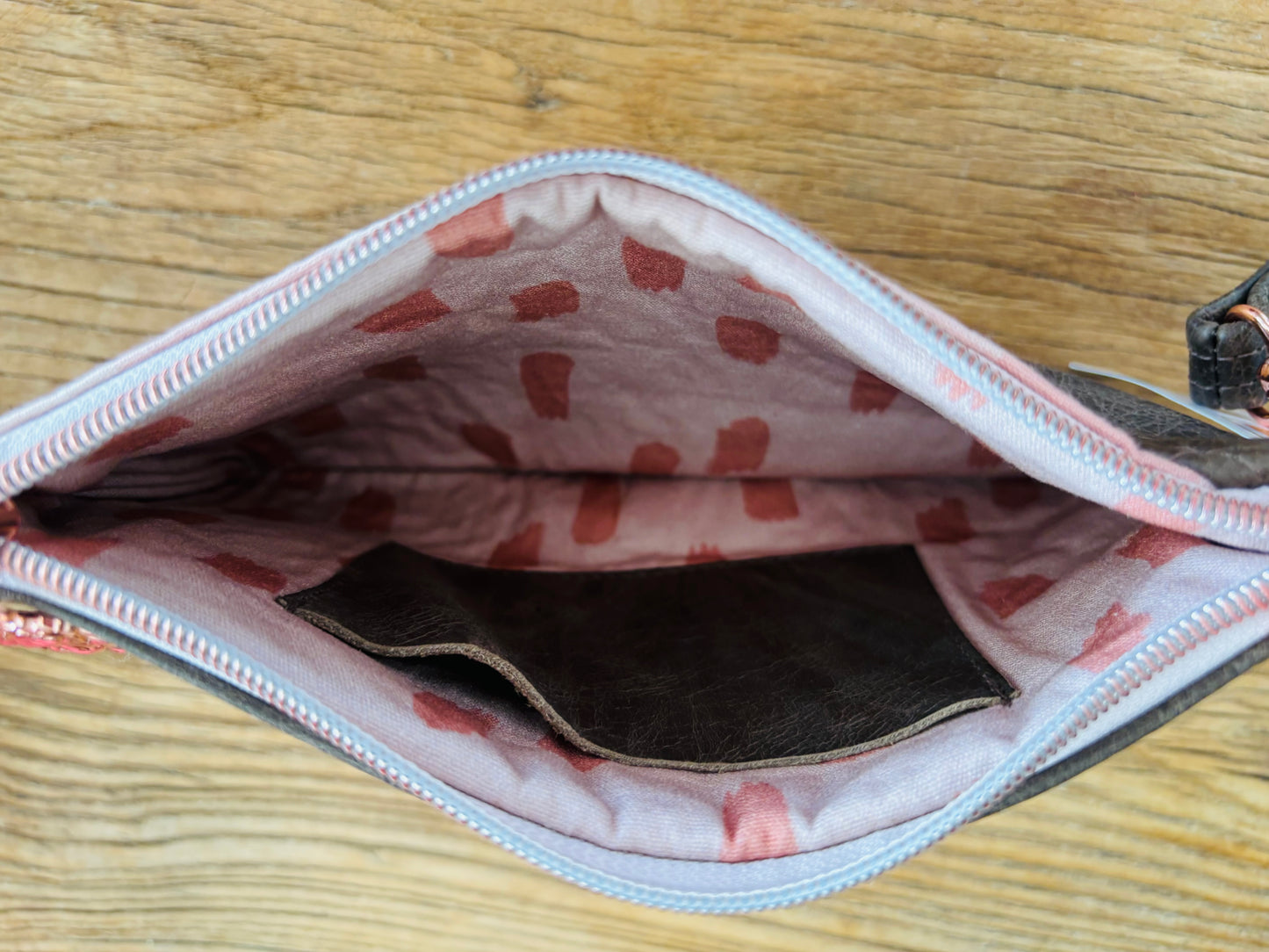 Pink Gingham Fabric & Grey/Tan Two Tone Leather Wristlet Clutch