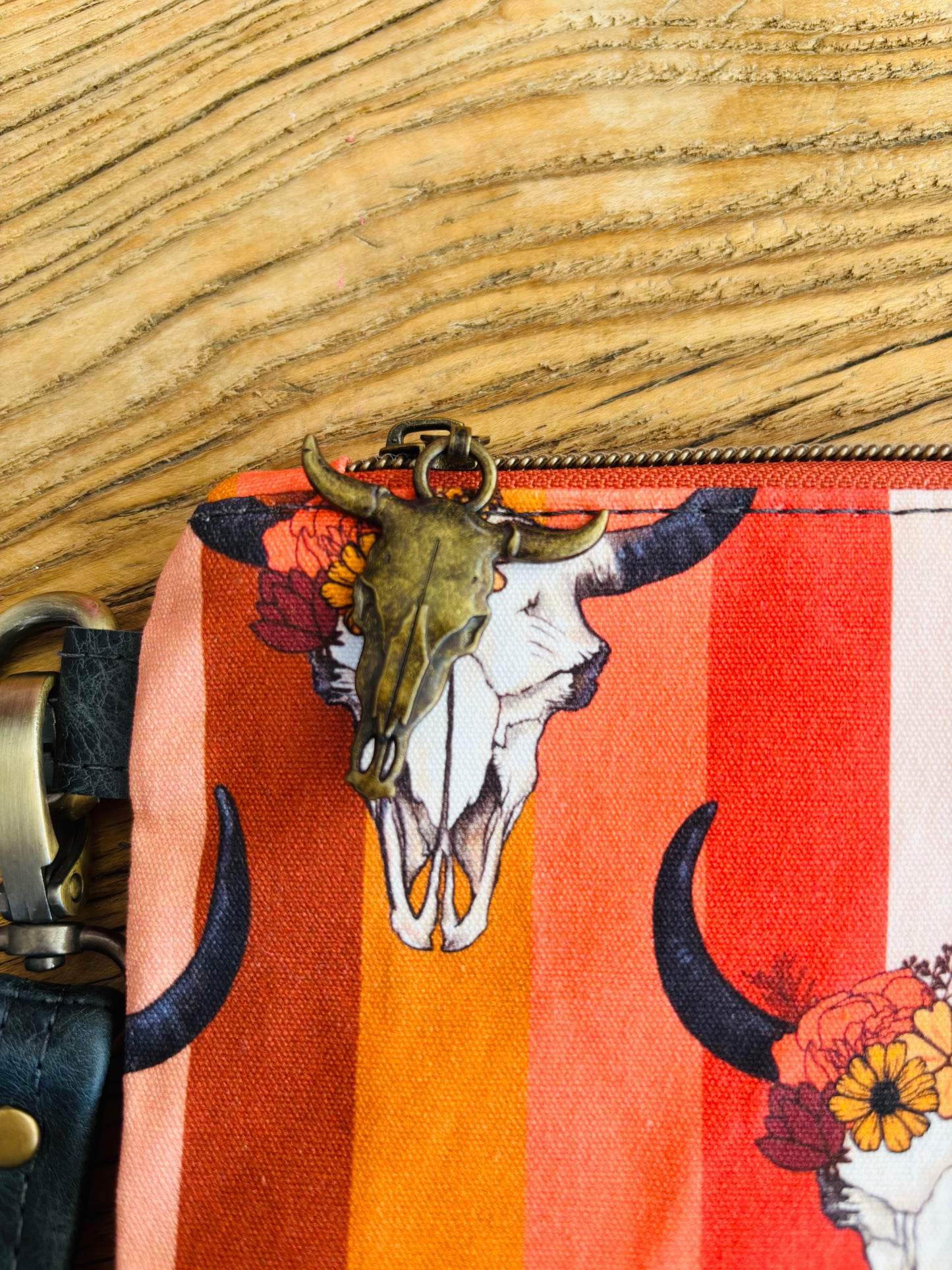 Bull Skull Fabric & Leather Wristlet Clutch