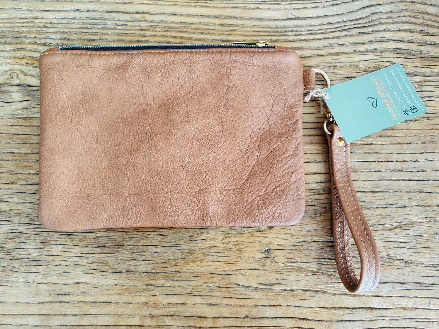 Green & White Poke-a-dot Fabric & Tan/Brown Two Tone Leather Wristlet Clutch