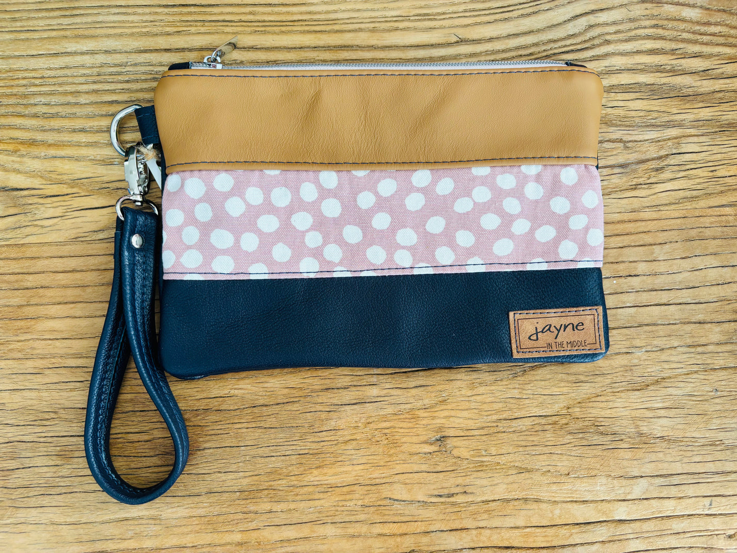 Pink & White Poke-a-dot Fabric & Navy/Tan Two Tone Leather Wristlet Clutch