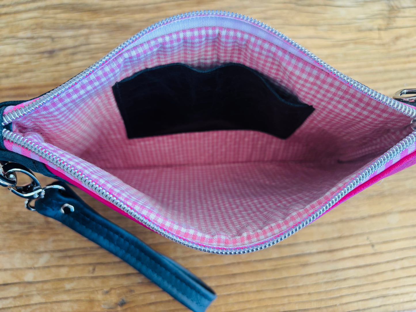 Pink & Navy Cowhide & Tri Tone Leather Wristlet Clutch