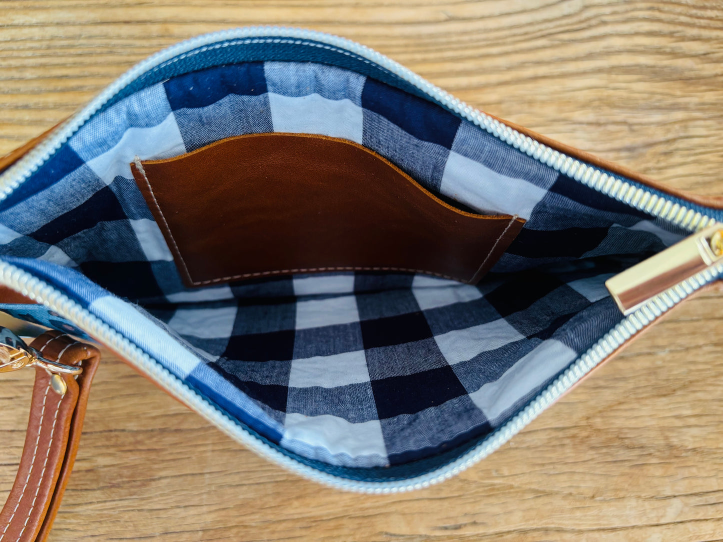 Blue Leopard Fabric & Black/Tan Two Tone Leather Wristlet Clutch
