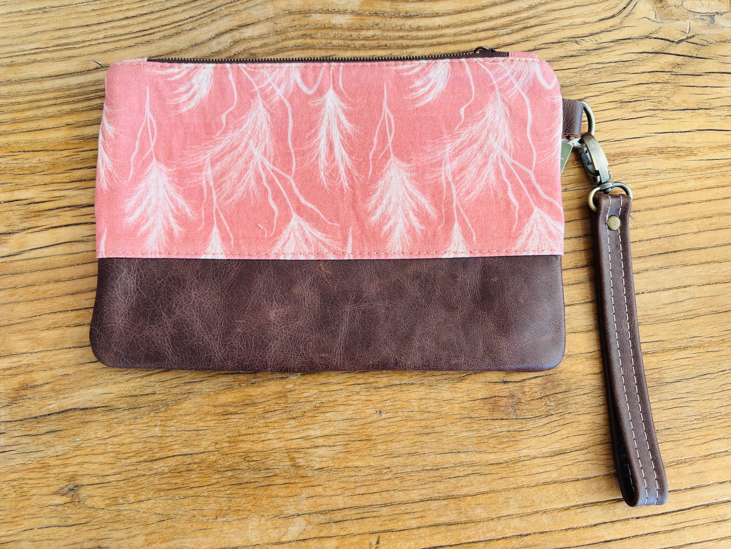 Pink Grass Fabric & Leather Wristlet Clutch
