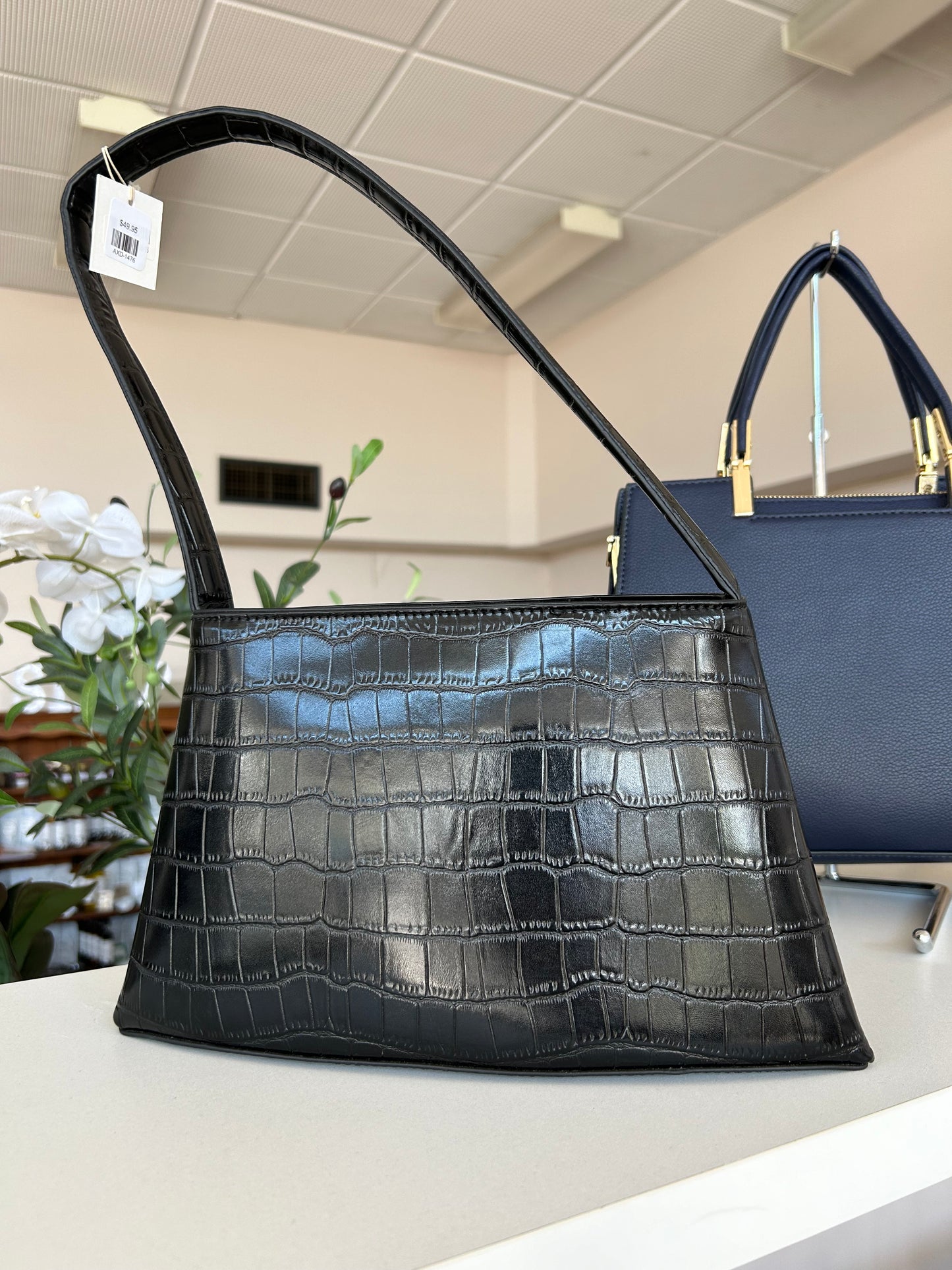 Black Croc Textured Shoulder Handbag