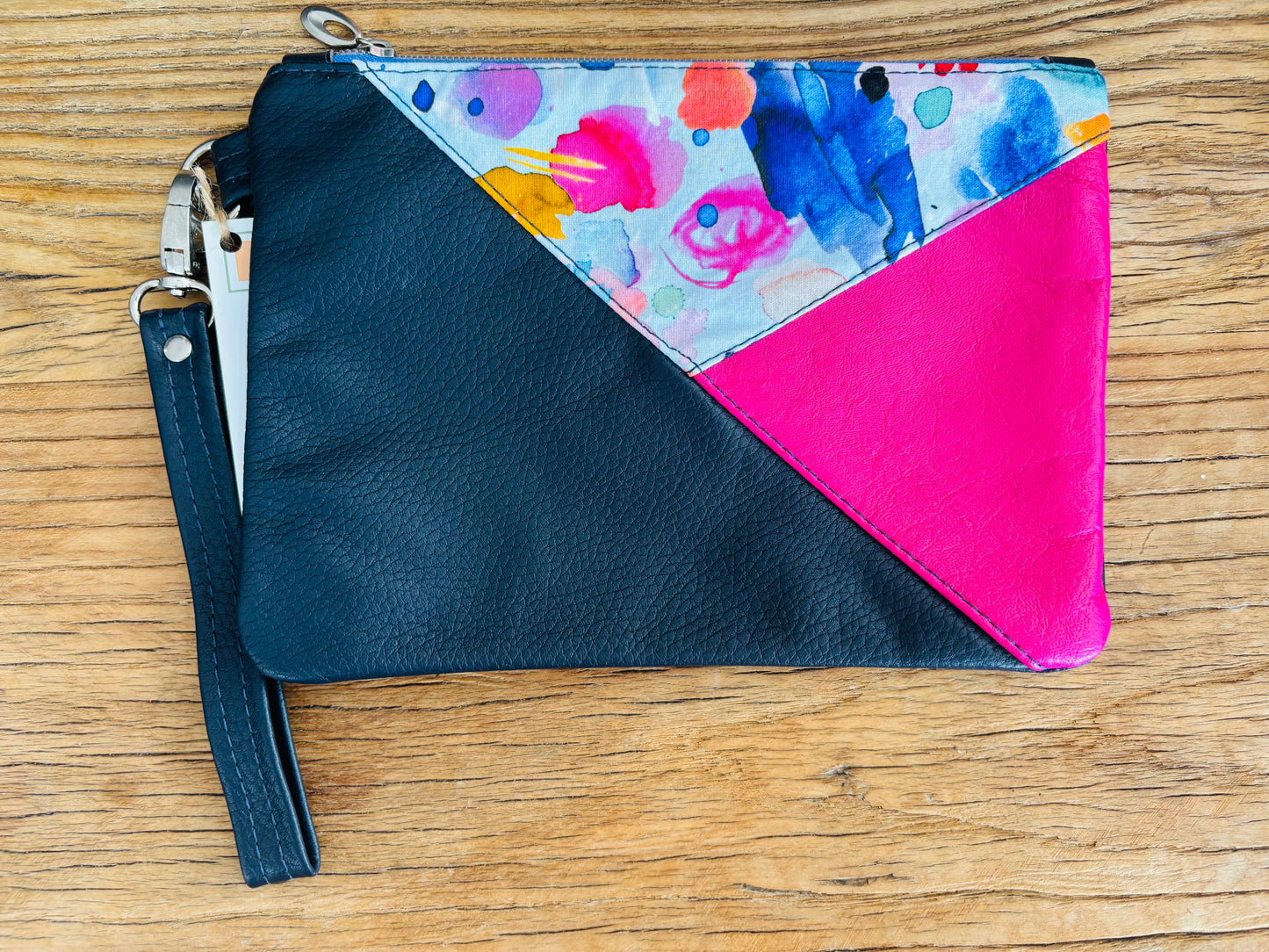 Watercolour Fabric & Black/Pink Two Tone Leather Wristlet Clutch