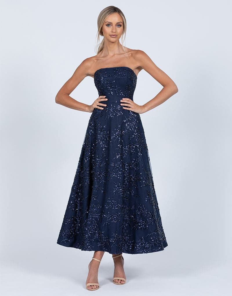 BARIANO Daisy Strapless Midi Dress NAVY BLUE SIZE 16