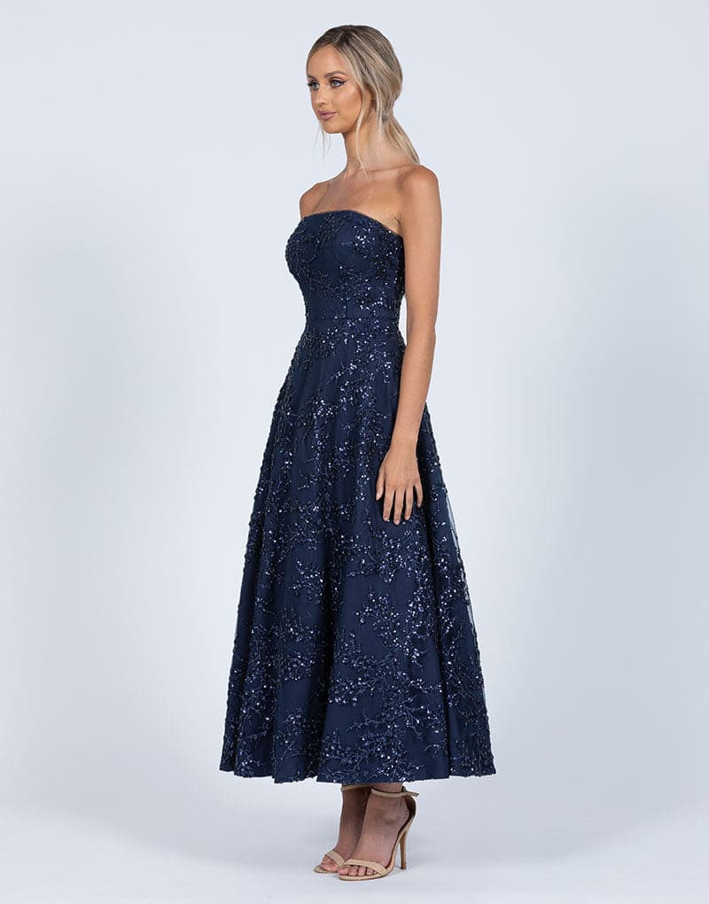 BARIANO Daisy Strapless Midi Dress NAVY BLUE SIZE 16