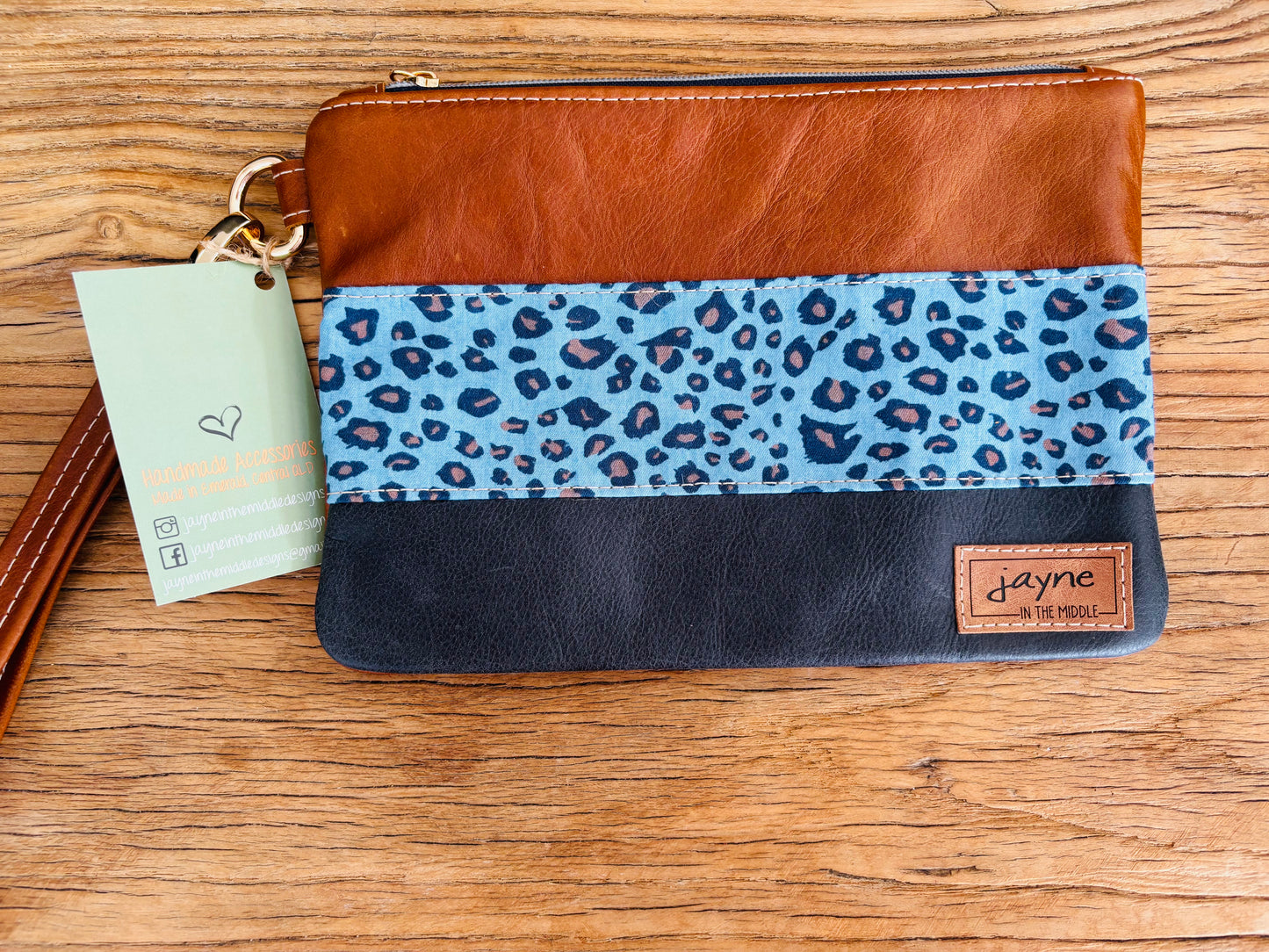 Blue Leopard Fabric & Black/Tan Two Tone Leather Wristlet Clutch