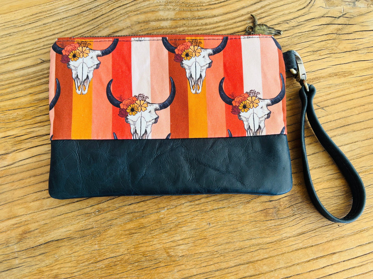 Bull Skull Fabric & Leather Wristlet Clutch