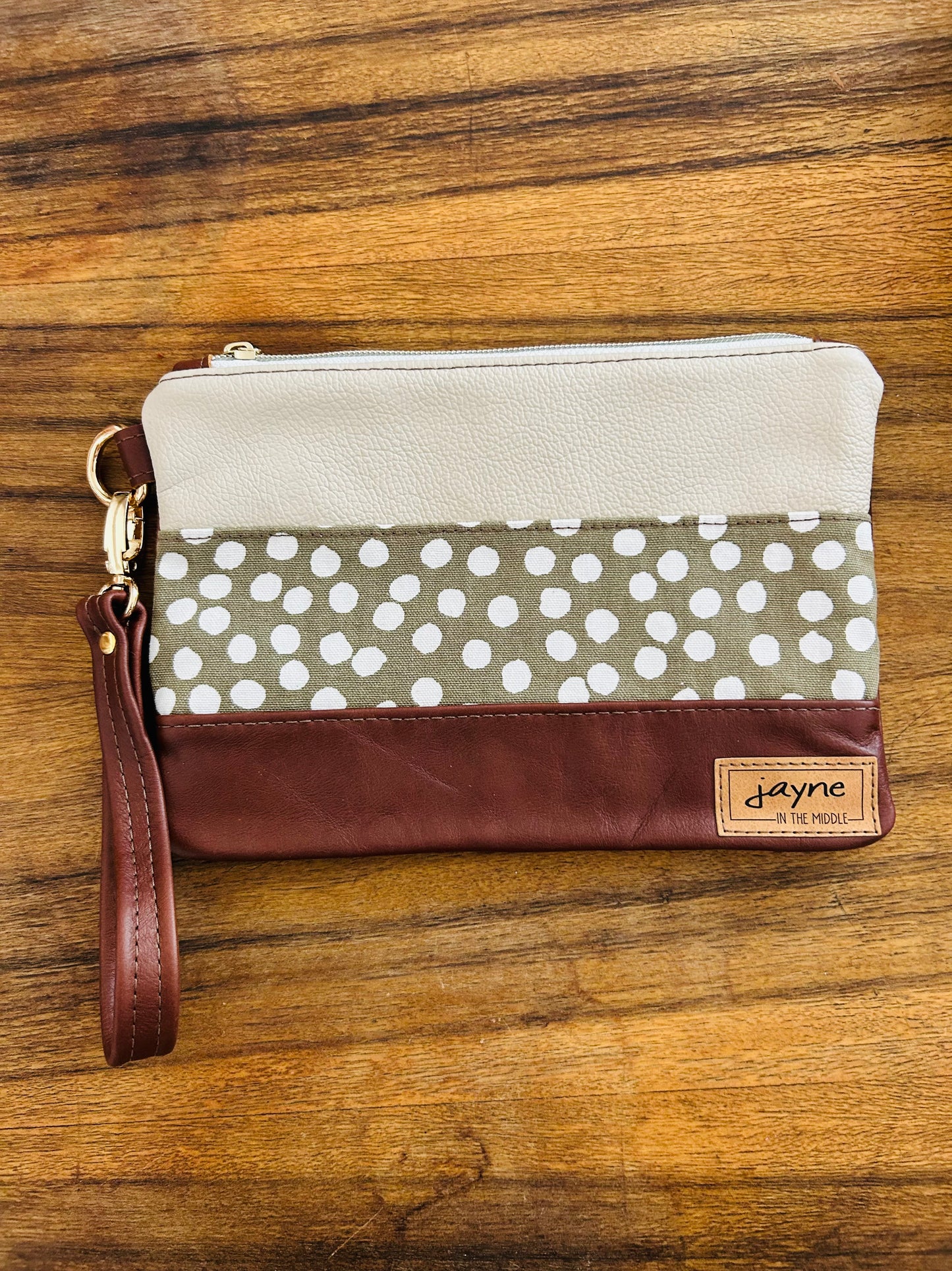 Green & White poke-a-dots Fabric & Leather Wristlet Clutch