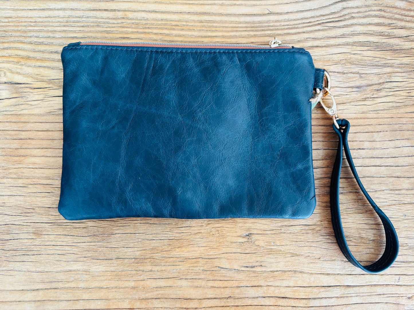 White Leopard Fabric & Black/Tan Two Tone Leather Wristlet Clutch