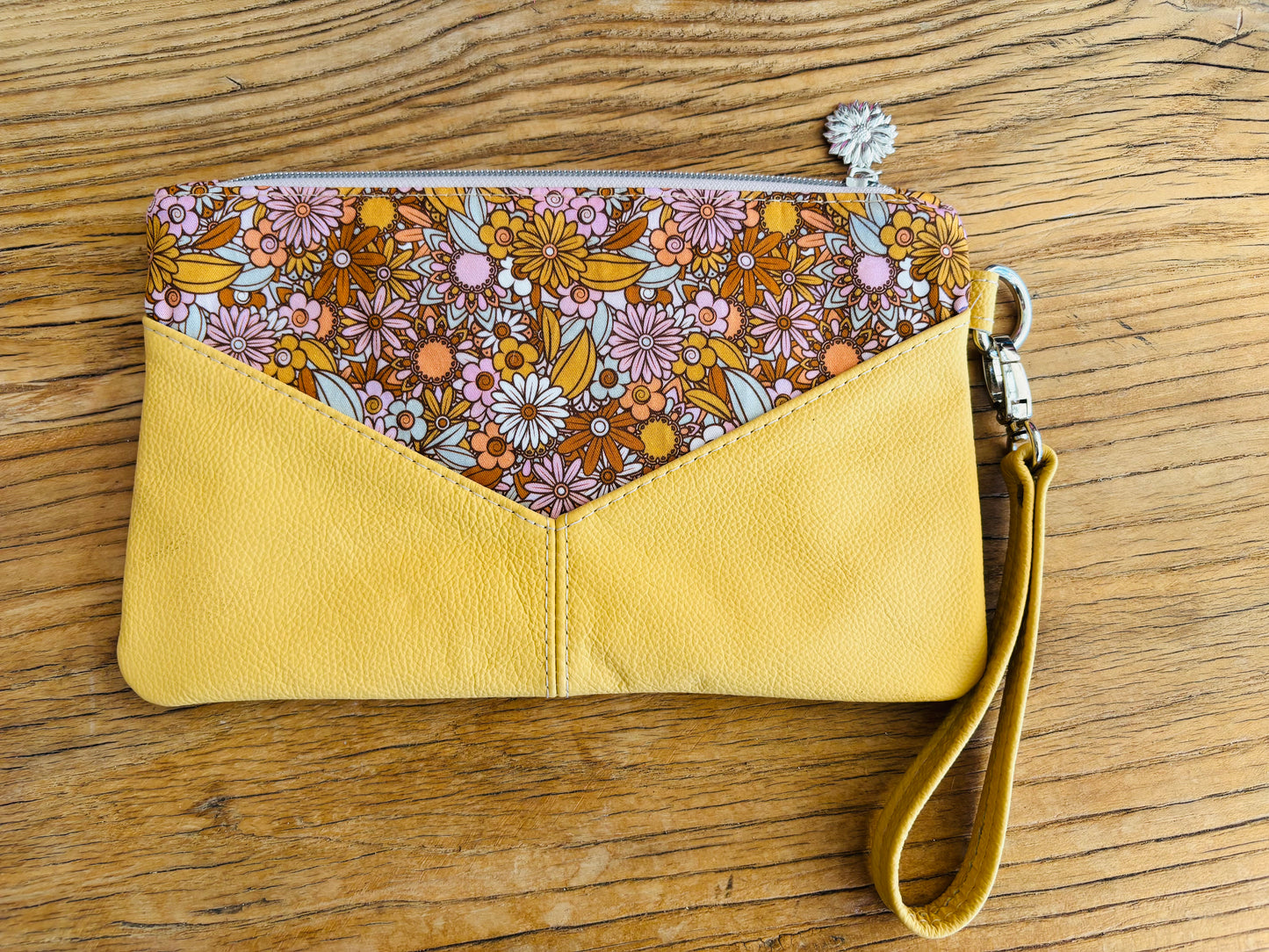 Mustard Flowers Fabric & Leather Wristlet Clutch