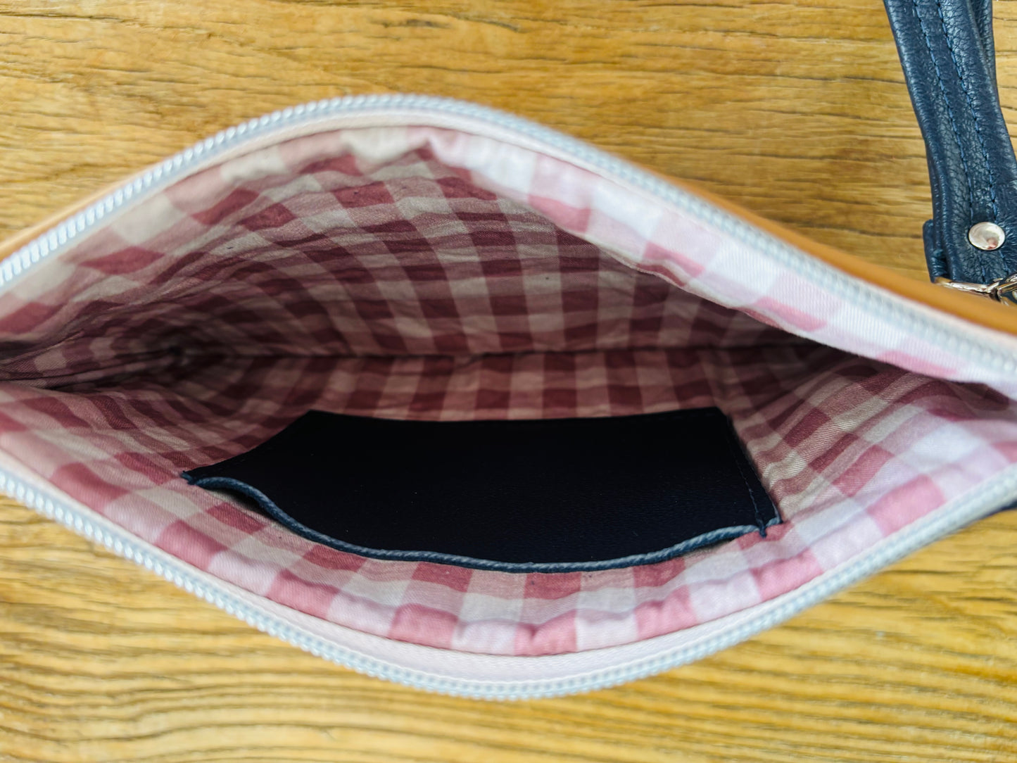 Pink & White Poke-a-dot Fabric & Navy/Tan Two Tone Leather Wristlet Clutch