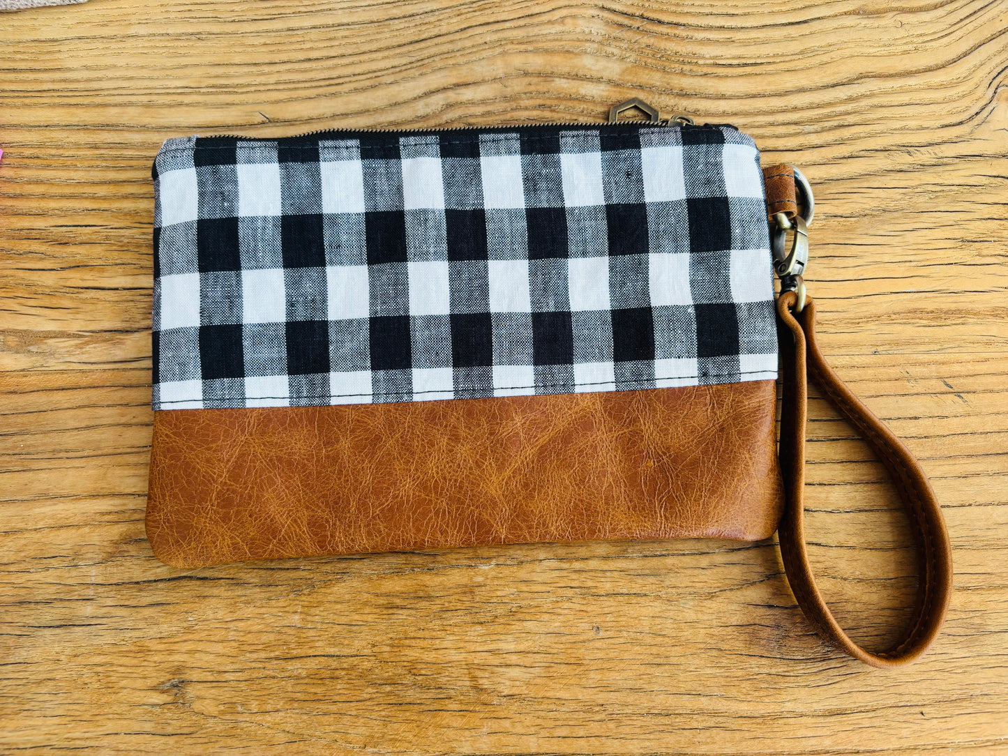 Black Gingham Fabric & Leather Wristlet Clutch