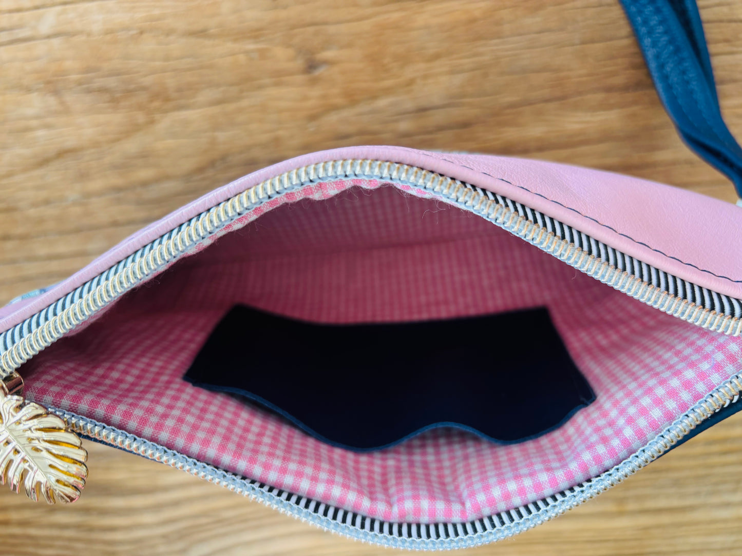 Midnight Floral Fabric & Navy/Pink Two Tone Leather Wristlet Clutch