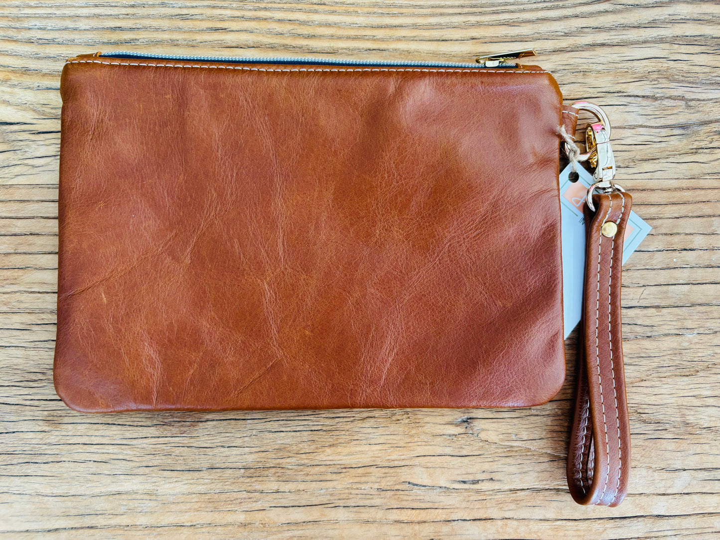 Blue Leopard Fabric & Black/Tan Two Tone Leather Wristlet Clutch