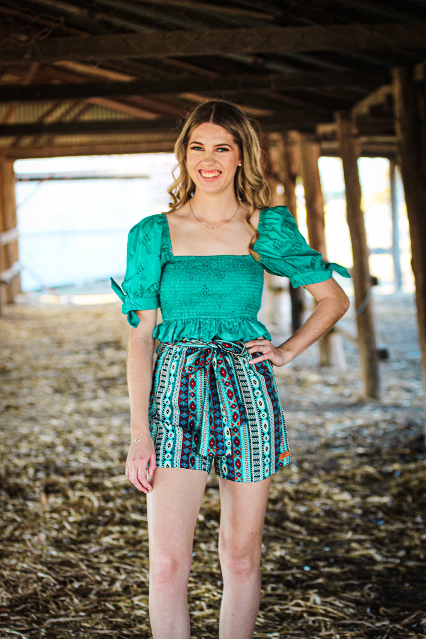 Aztec Paper Bag Shorts - Teal/Red