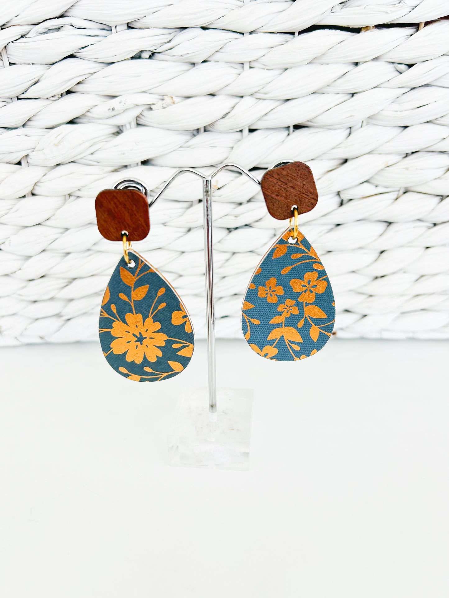Wooden Navy & Rose Gold Teardrop Earrings