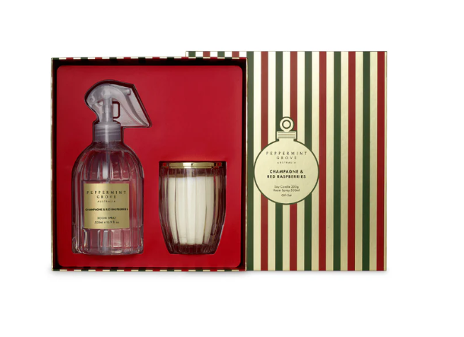 CHAMPAGNE & RED RASPBERRIES Candle & Room Spray Gift Set
