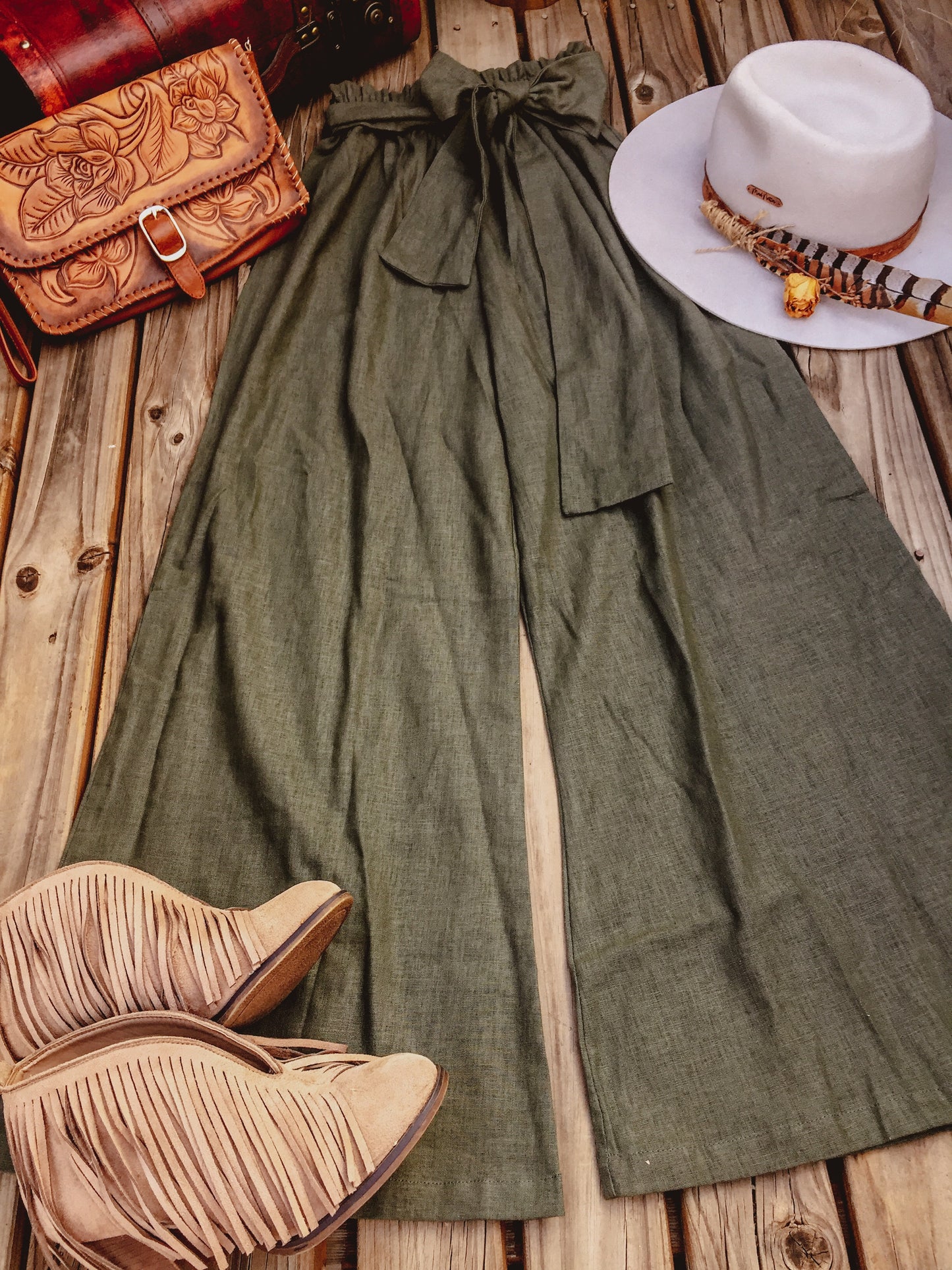 Khaki Linen Palazzo Pants