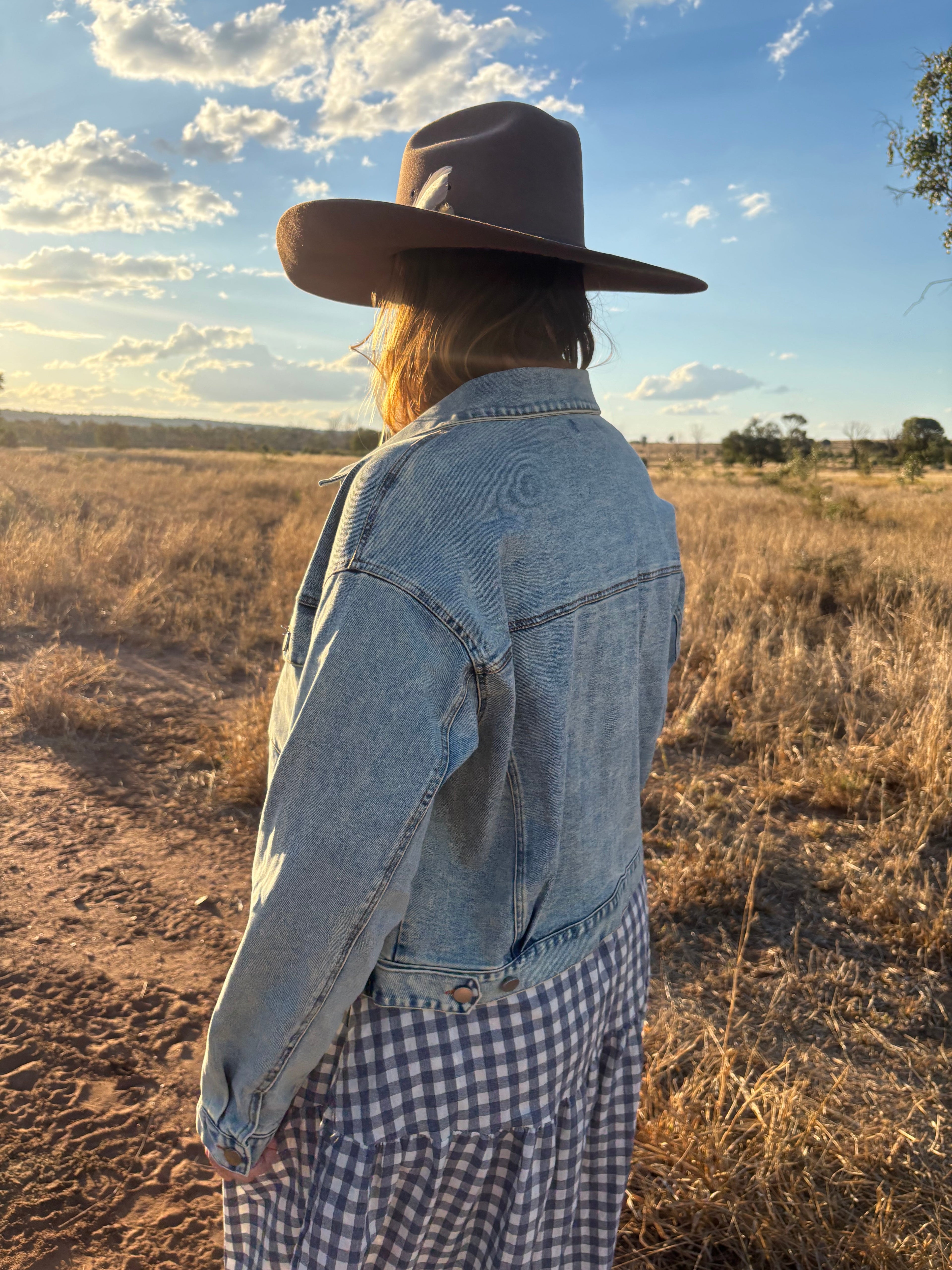 A person standing outdoors in a dry grassy field at sunset, viewed from behind, wearing a wide-brim brown hat, a light blue denim jacket, and a blue-and-white gingham dress.