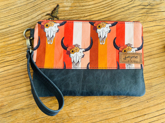 Bull Skull Fabric & Leather Wristlet Clutch