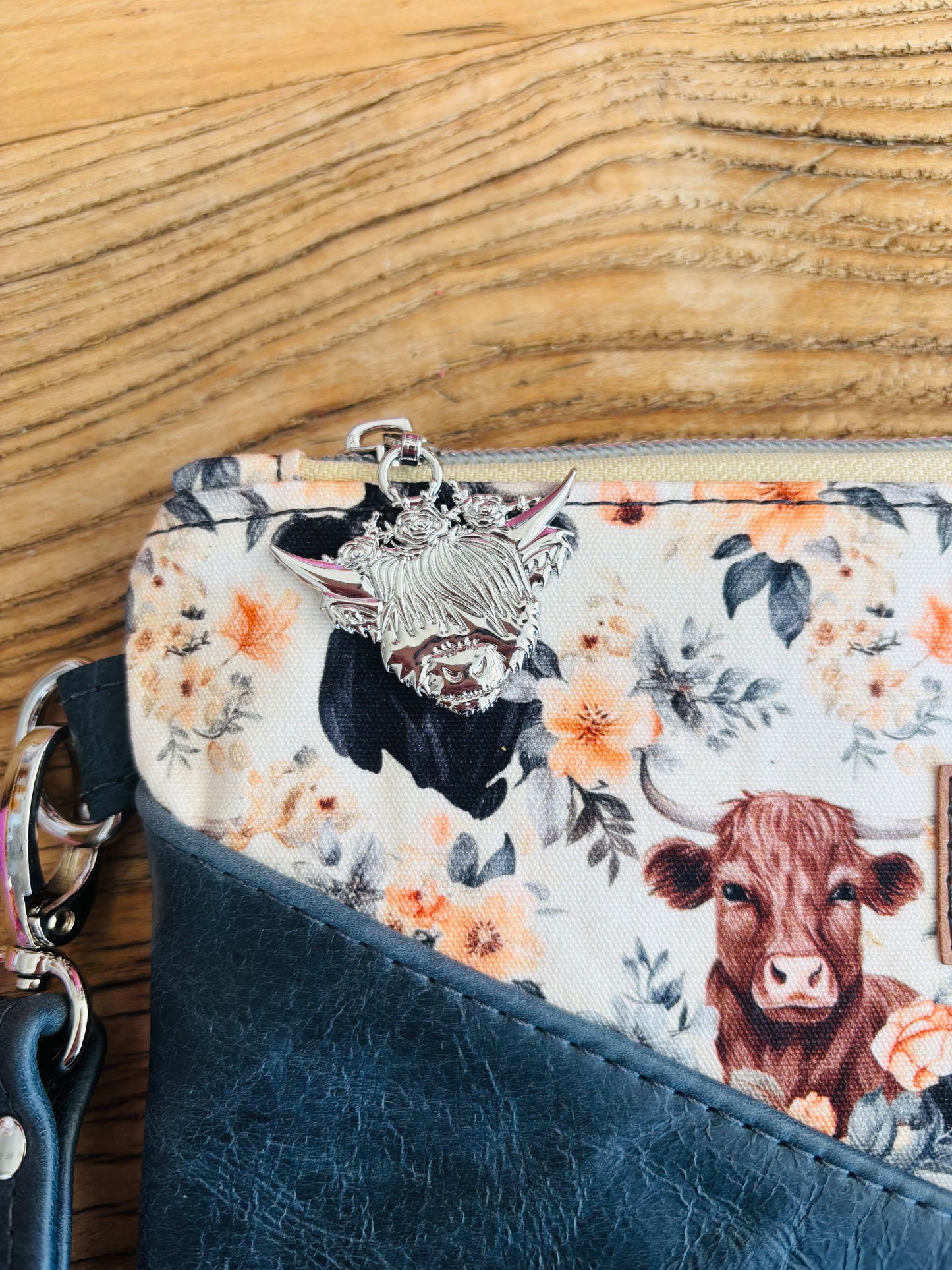Floral Cows Fabric & Leather Wristlet Clutch