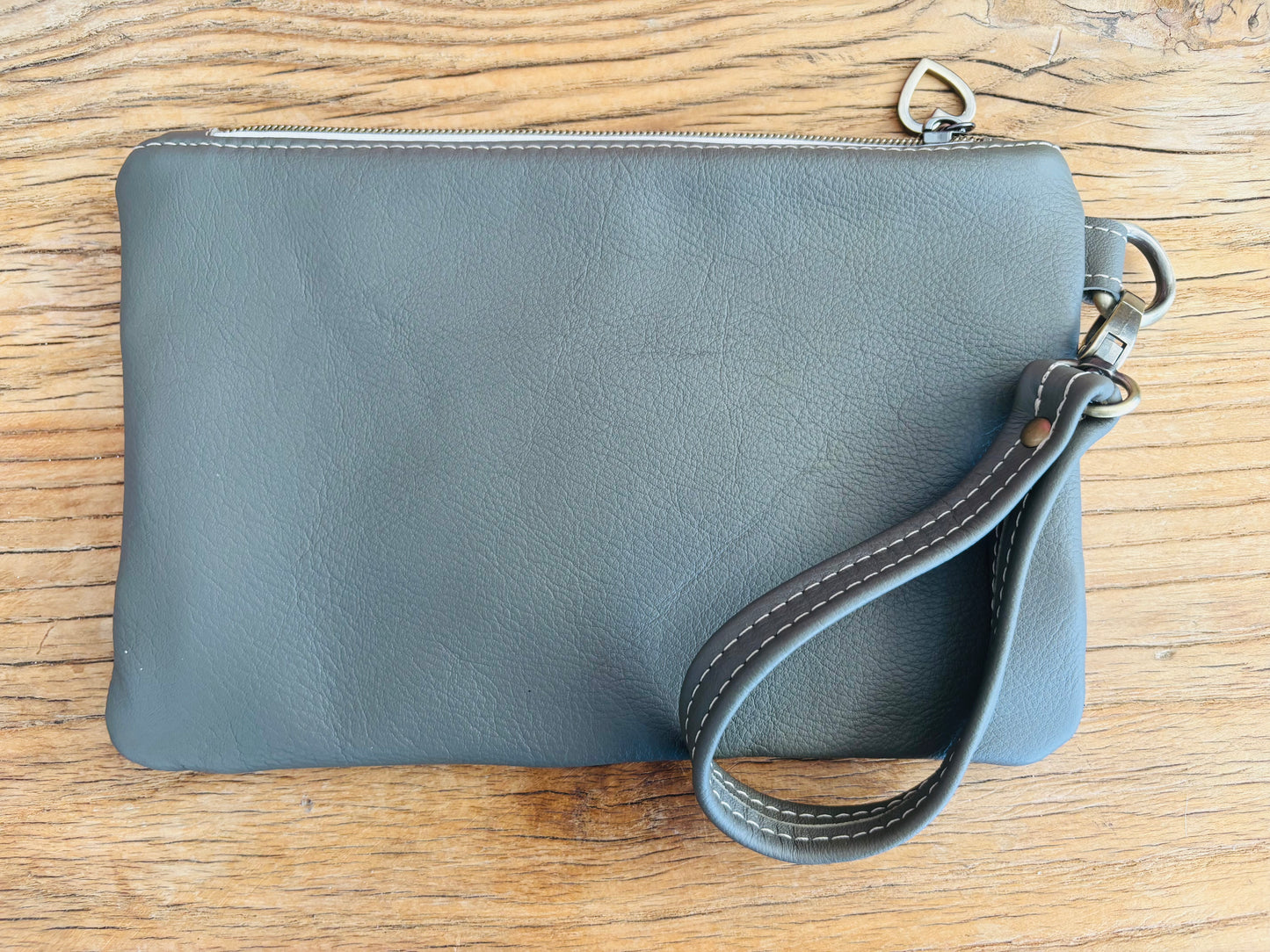 Tan & Green Cowhide & Tri Tone Leather Wristlet Clutch