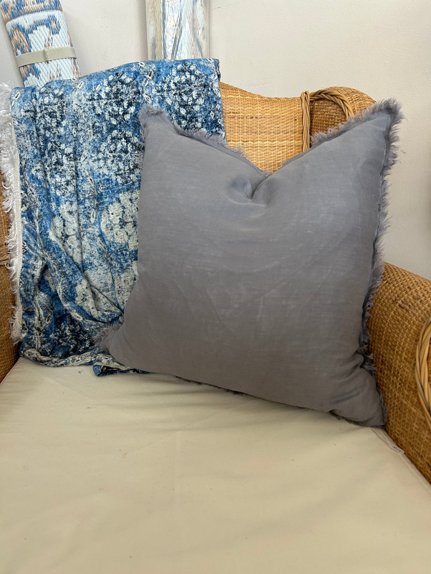 Grey Fringed Linen Cushion