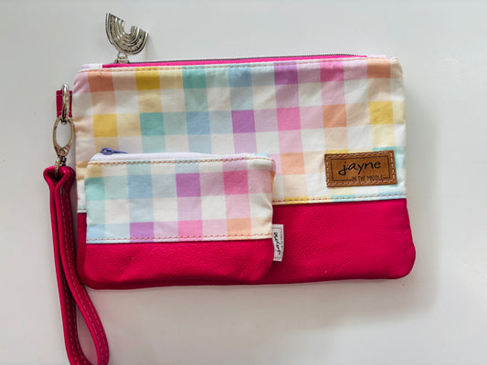 Pink Rainbow Gingham Wristlet Clutch & Coin Purse Set