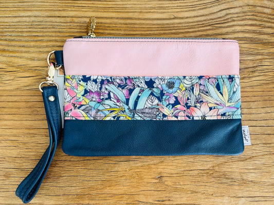 Midnight Floral Fabric & Navy/Pink Two Tone Leather Wristlet Clutch