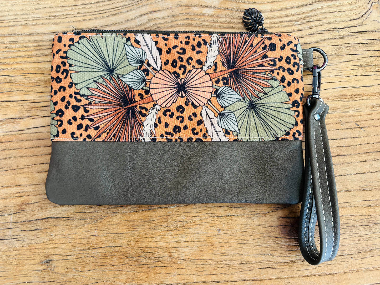 Green Boho Florals Fabric & Leather Wristlet Clutch