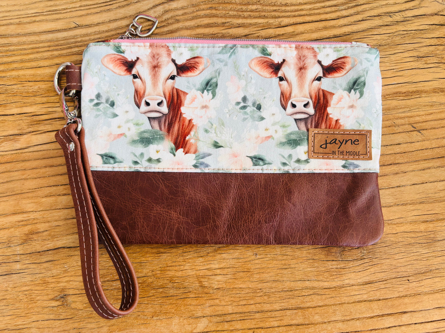Blue Floral Cows Fabric & Leather Wristlet Clutch