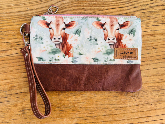 Blue Floral Cows Fabric & Leather Wristlet Clutch