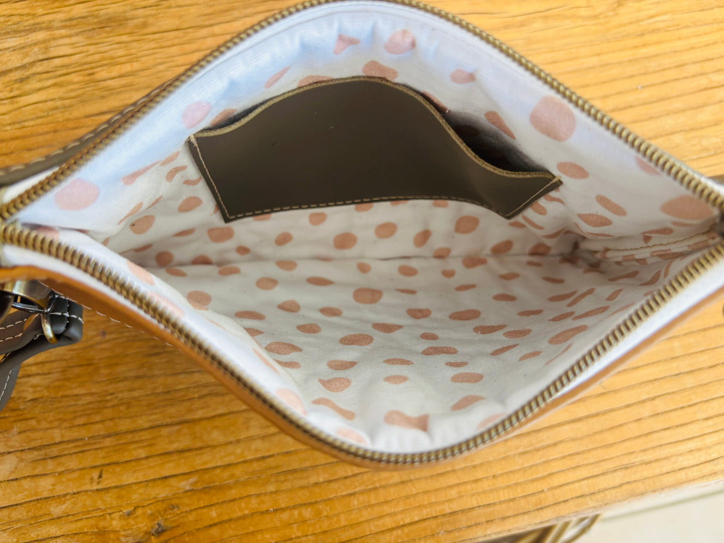 Tan & Green Cowhide & Tri Tone Leather Wristlet Clutch