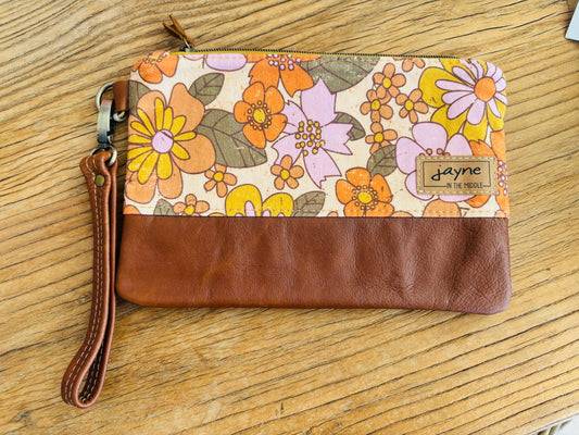 Vintage Flowers Fabric & Leather Wristlet Clutch